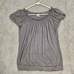 Carol Rose Women Gray Smocked Scoop Neck Puff Sleeve Banded Hem Knit Top Medium